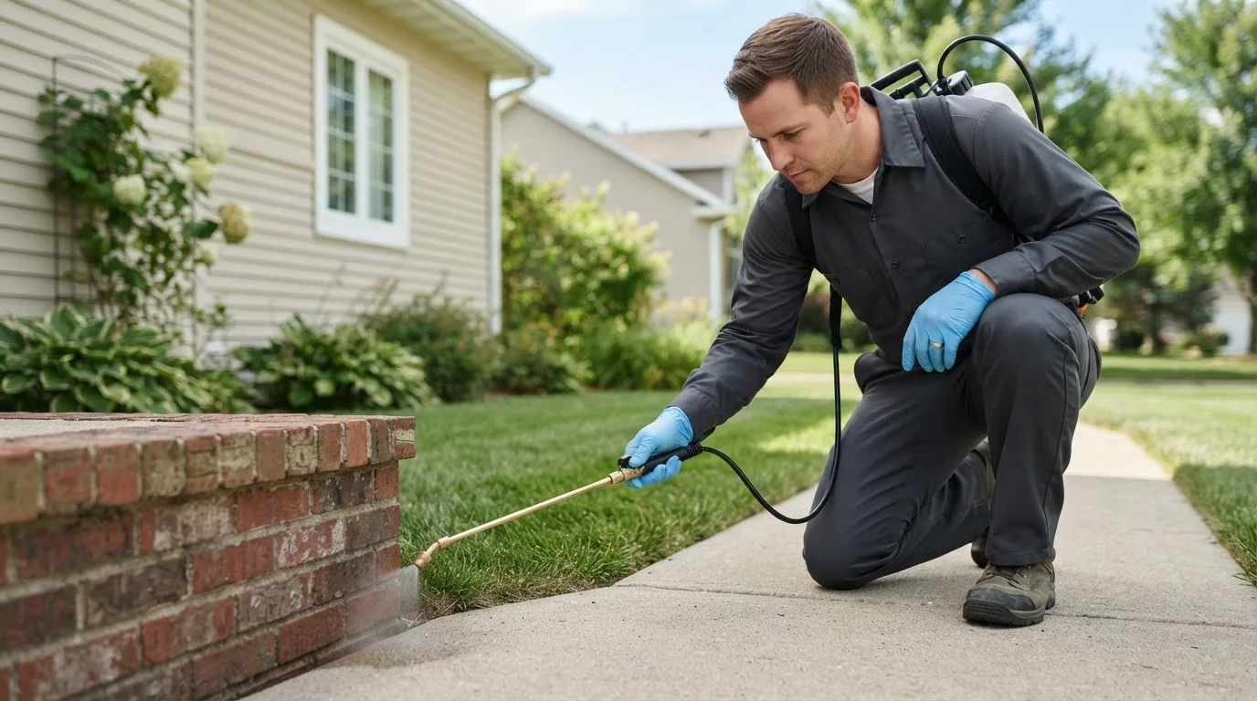 Pest control technician treating a home near Woodson, TX
