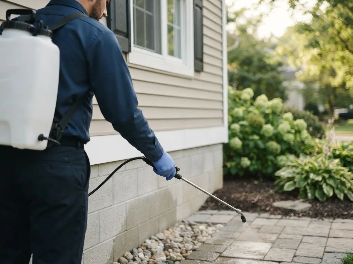 Pest control technician inspecting a home in Woodson, TX
